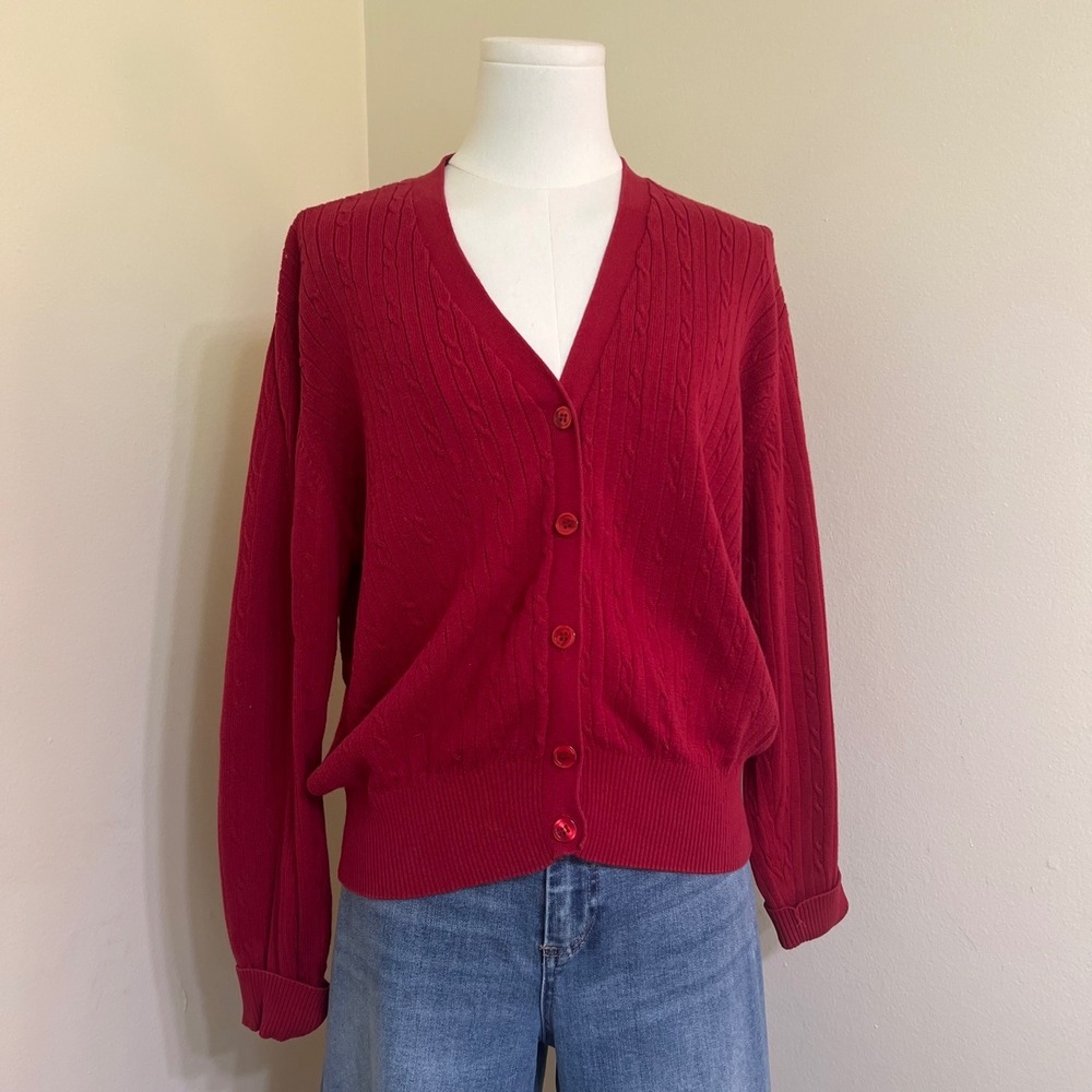 Charter Club Red Cable Knit Cardigan Sweater Womens Large 100% Cotton V-Neck